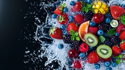 Aerial image of fruits submerged in clear water on a black floor, with a 3D background that enhances the vibrant colors and adds depth.