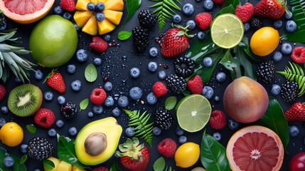 Wall Mural - Top-down photo of assorted fruits underwater on a black floor, with a dynamic 3D background adding depth and emphasizing the vibrant contrast.