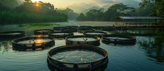 Wall Mural - Fish Farming in a Tranquil Lake at Sunrise