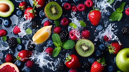 Aerial view of various fruits in water on a black floor, with a 3D background highlighting the bright colors against the dark surface.