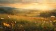 © kaiserseeing - Golden sunlight paints vibrant meadow, mountains kissed by sunrise and sunset, nature's canvas in bloom