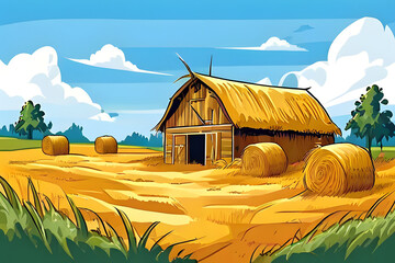 Wall Mural - A charming cartoon barn stands proudly, surrounded by stacks of golden hay and rustic straw bales. The idyllic scene evokes a sense of rural tranquility and nostalgia.