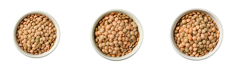 Lentils in a white bowl on white background top view