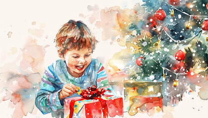 Poster - A young boy is opening a red present in front of a Christmas tree