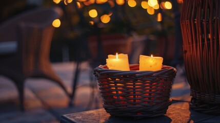 Canvas Print - Two Candles Burning In a Wicker Basket