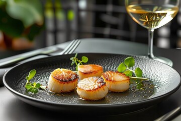 Wall Mural - a plate of scallops on a table with a glass of wine