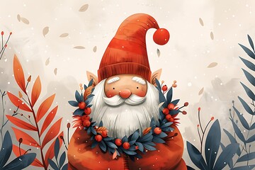 Wall Mural - A whimsical gnome with a berry wreath enjoys the winter holidays.