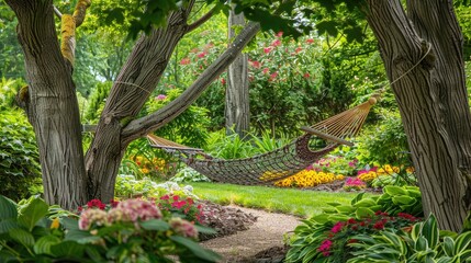 A serene garden with a hammock strung between two trees, surrounded by lush greenery and colorful flower beds.