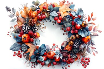 Wall Mural - Watercolor wreath with autumn berries and leaves