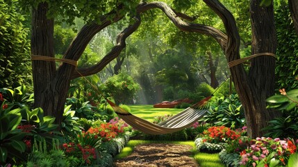 A serene garden with a hammock strung between two trees, surrounded by lush greenery and colorful flower beds.