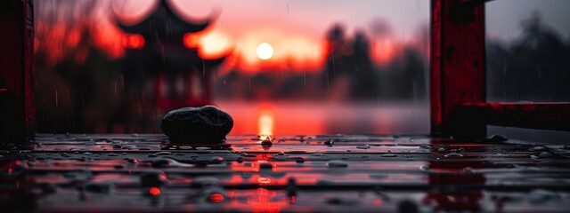 Wall Mural -  A black ball sits on a wet floor, in front of a red-and-black building during sunset