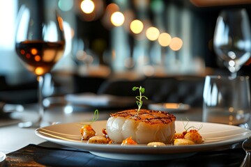 Wall Mural - a white plate topped with a piece of fish next to a glass of wine