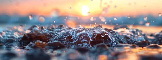 Wall Mural -  A tight shot of rocks submerged in water, with droplets spraying as sunset backs the scene