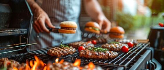 Poster -  A man grills hamburgers and patties on a grill One hamburger rests beside it