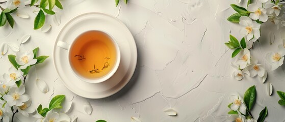 Poster -  A cup of tea atop a white saucer, adjacent to a bouquet of white and green blossoms