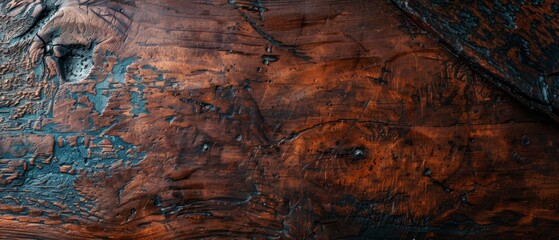 Canvas Print -  A tight shot of a wooden surface, displaying a intricate brown and blue pattern at its uppermost part