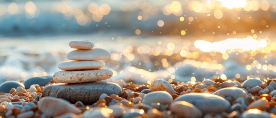 Sticker -  A stack of rocks atop a beach, beside a body of water, with the sun casting rays behind