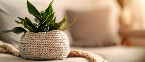 Poster -  A tight shot of a plant in a crocheted pot on a couch, featuring a rope encircling its base