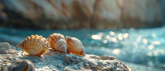 Canvas Print -  Three seashells rest atop a rock by the water's edge, with the sun shining behind them