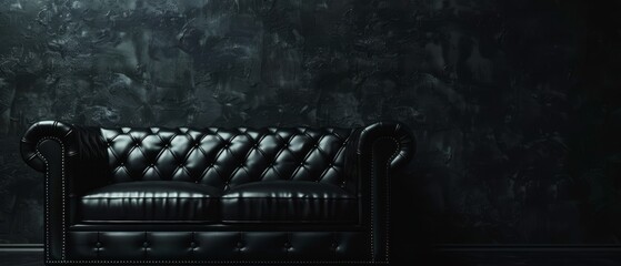 Canvas Print -  A black leather couch faces a wall with a painting hanging on its back Behind the couch, there's a black wall