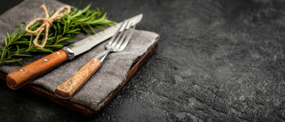 Sticker -  A knife, fork, and knife rest are placed on a napkin Atop the napkin sits a sprig of rosemary