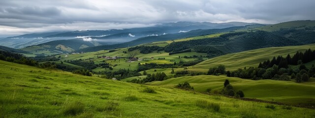 Sticker -  A lush, green hillside teeming with expanses of verdant grass In the distance, a quaint village nestles amongst the landscape Mountains loom in the background