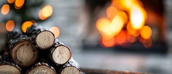 Wall Mural -  A stack of logs atop a wooden table, near a fireplace and a Christmas tree in the background