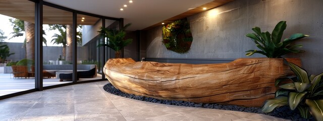 Poster -  A large wooden boat sits in the middle of the room, beside a planter brimming with potted plants