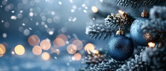 Poster -  A blue ornament hangs from a pine tree against a backdrop of twinkling holiday lights