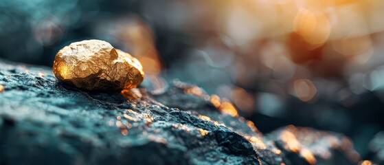 Wall Mural -  A tight shot of a gold nugget nestled within a rock, background softly blurred