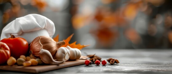 Poster -  A cutting board holds a pile of garlic, tomatoes, and garlic cloves Atop it sits a chef's hat