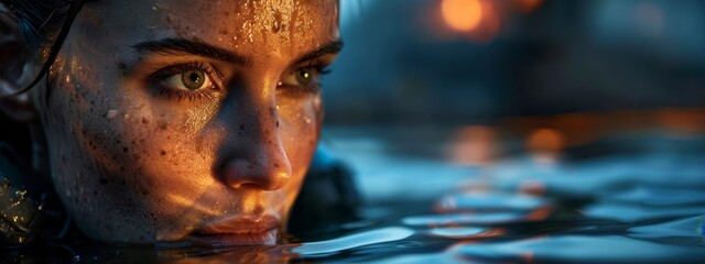 Poster -  A tight shot of a woman's face, her hair and eyes dotted with freckles, submerged in water