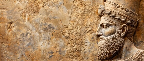 Wall Mural -  A tight shot of a bearded man's statue atop a stone wall, donning a headdress