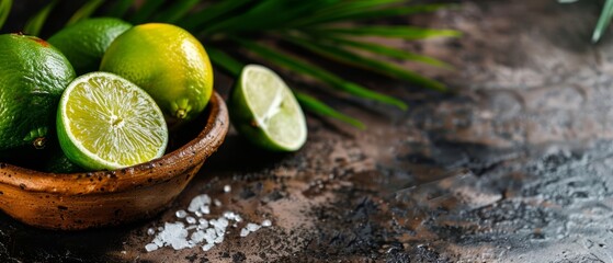 Poster -  A wooden bowl, brimming with limes, rests atop a nearby table Adjacent stands a lush, leafy green palm tree