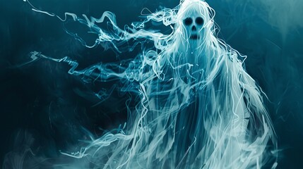 A mysterious and ethereal figure that appears to be dissolving into swirling blue mist, creating a supernatural and haunting atmosphere in the image.