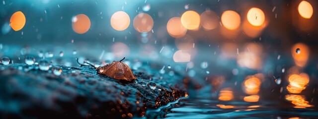 Wall Mural -  A tight shot of a wet leaf, backdrop softened by bokeh of distant lights