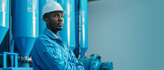 Wall Mural -  A man in a hard hat stands before a machine, emitting blue smoke from its pipes