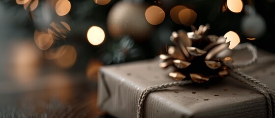 Canvas Print -  A Christmas present wrapped in brown paper, adorned with a pine cone atop; nearby stands a tree bathed in twinkling holiday lights