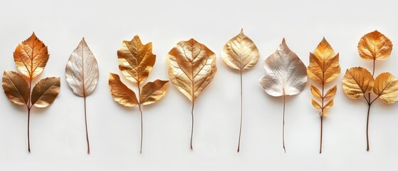 Poster -  A line of golden and silver leaves arranged on a pristine white surface The middle leaf distinguishes itself among them