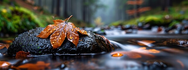 Poster -  A leaf perched atop a submerged rock in a flowing stream, water cascading alongside it