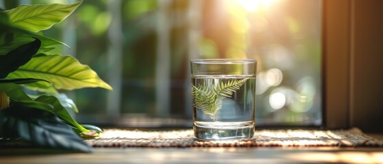 Poster -  A glass of water with a fern inside, nearby a window housing a green plant