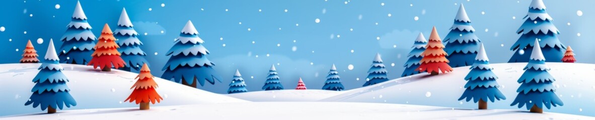 winter wonderland snowy forest landscape with christmas trees - blue and red - winter illustration.