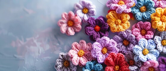 Wall Mural -  A blue tabletop holds a collection of crocheted flowers, adjacent to a vase filled with blooms