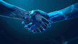 © ELmidoi-AI - A digital handshake on blue technical backdrop with empty space for text or product, suitable for business, technology, and communication concepts.