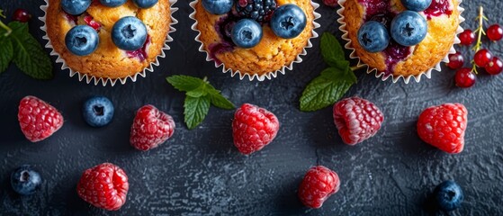 Wall Mural -  Three muffins, one topped with blueberries, another with raspberries, and the third also bearing raspberries, sit atop a black surface