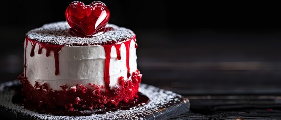  A red-and-white cake, topped with icing and a heart-shaped decoration, sits atop a plate