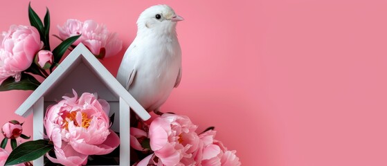 Poster -  A white bird atop a white birdhouse Surrounded by pink peonies against a pink backdrop