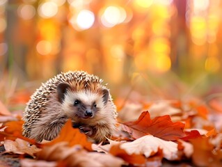 Cute Hedgehog Curled Up in Autumn Forest With Leaves