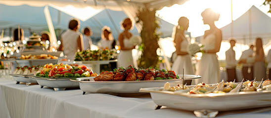 Catering Service Under a White Tent in Sunny Weather