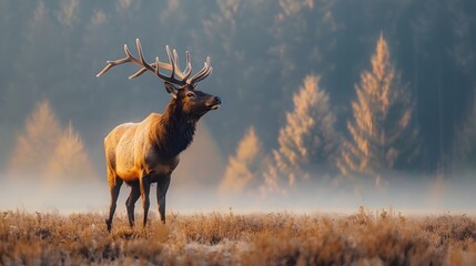 Sticker - Majestic Elk Standing Proudly in Misty Autumn Meadow at Sunrise